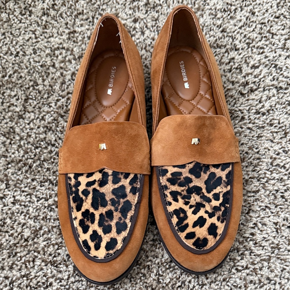 Birdies Tan Suede Loafers with Leopard Print Panel